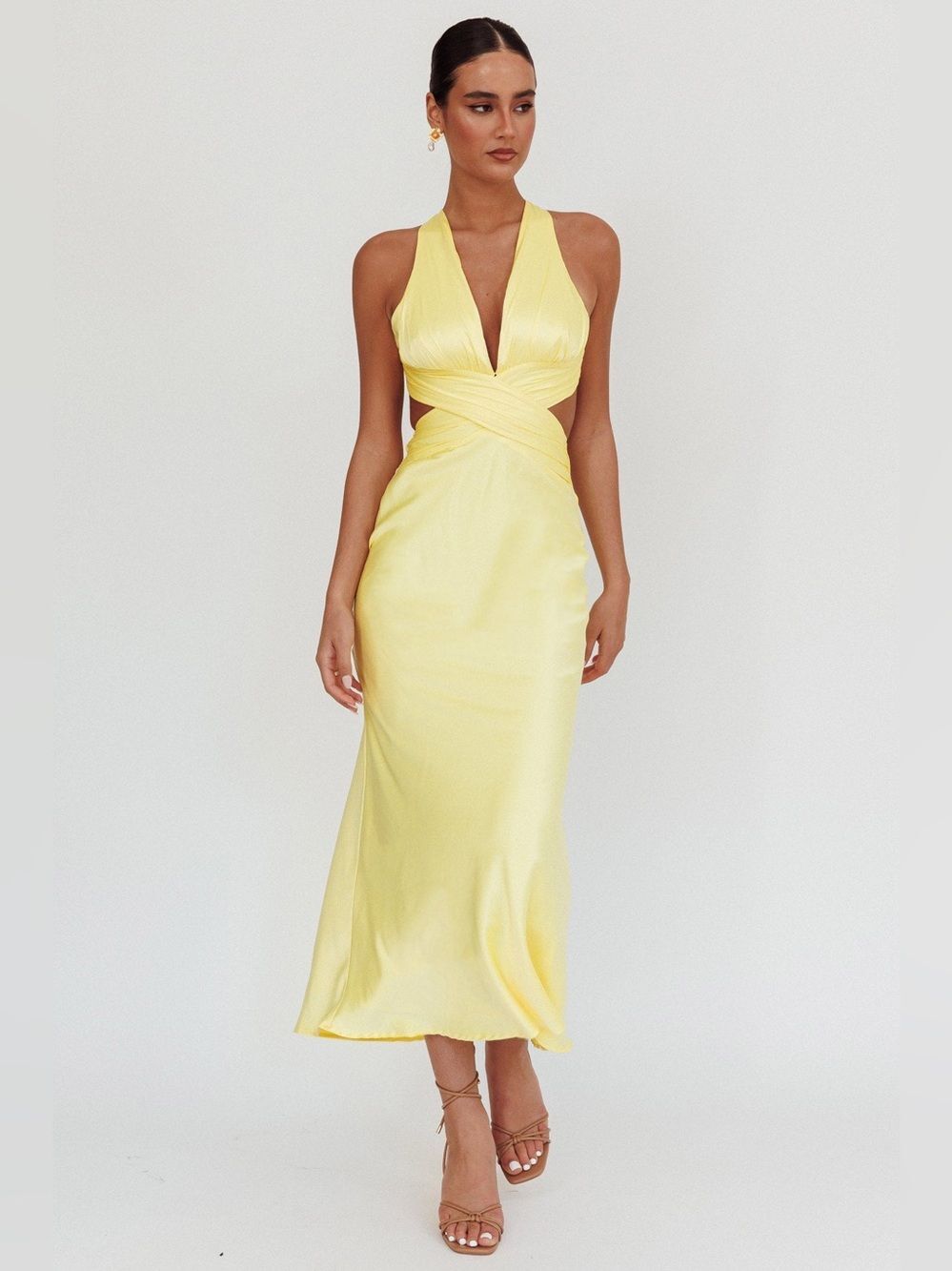 Selfie Leslie On And On Crossover Cut-Out Maxi Dress Lemon NWT